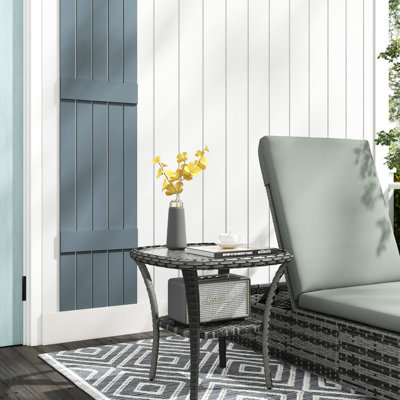 Table d'appoint avec fonctionnalité de rangement, plateau en verre à café pour les jardins, les porches et les cours. Table de bout toutes saisons Mix Grey 19,7 po x 19,7 po x 21,7 po, capacité de 110 lb, rangement requis