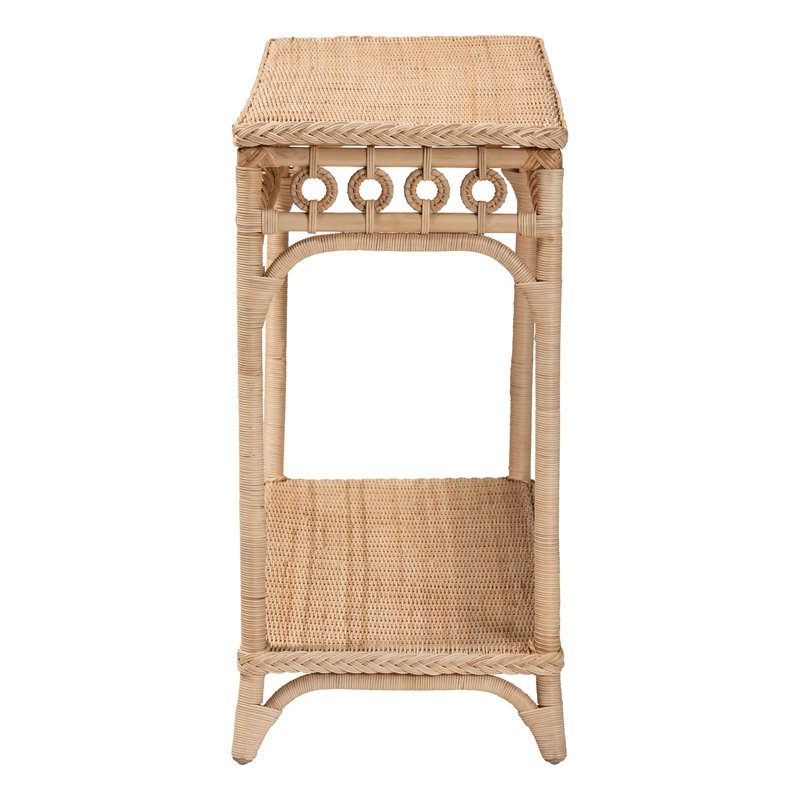 Console tressée en rotin naturel avec tablette ouverte - table d'appoint ou de vestibule Coastal Boho avec boucle décorative