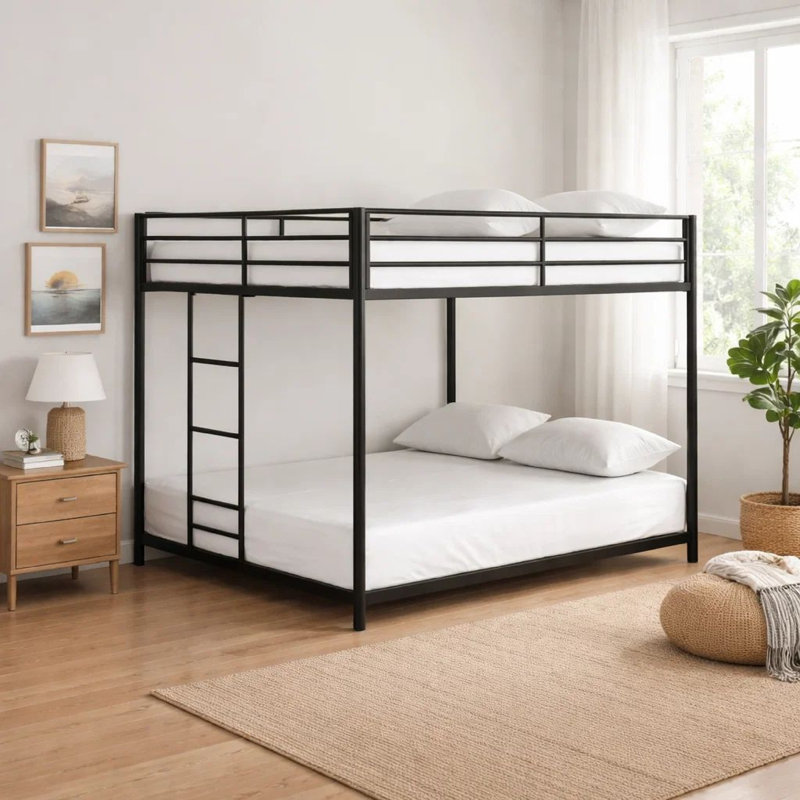 Ady Low Profile Full Over Full Bunk Bed With Ladder, Black Metal Frame, Full over Full