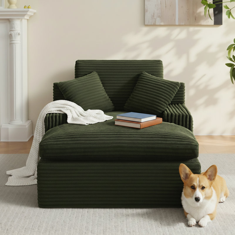 Fully Assembled Compression Corduroy Chaise Lounge Chair Singe Sofa with 3 Pillows, Dark Gray