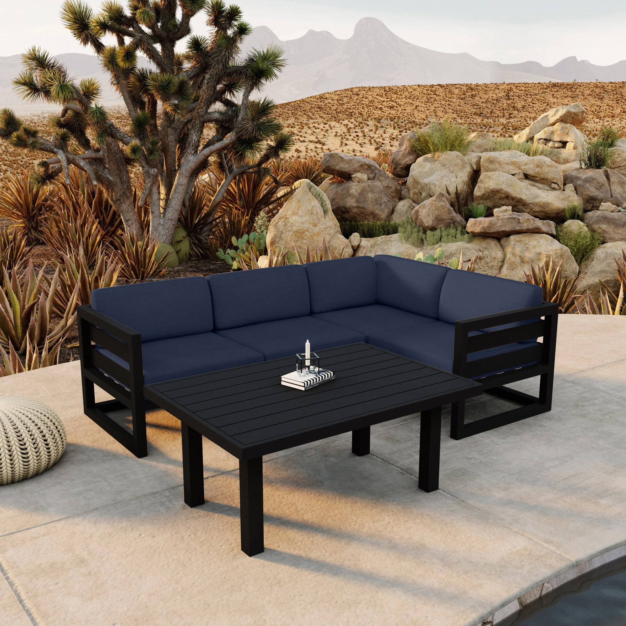 Smith 5 Piece Sectional Seating Group with Sunbrella® Cushions, Black, Spectrum Indigo