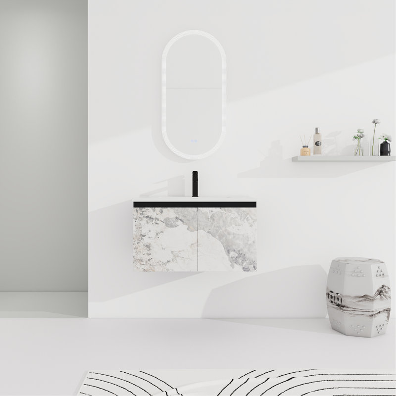 Meuble-lavabo mural flottant 30 po avec lavabo en céramique et porte d'armoire à fermeture en douceur, ensemble KD