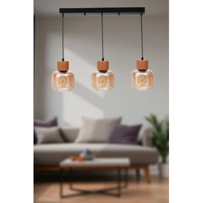 Stylish Adjustable Chandelier, Metal Body with Glass Cap, 15 x 5.5 x 2.4 inches | Honey, Oak & Black Finish | 3 x E27 Socket (Max 40W) | Perfect for Dining Room & Living Spaces, Elegant Design, 31.5 inches Total Height