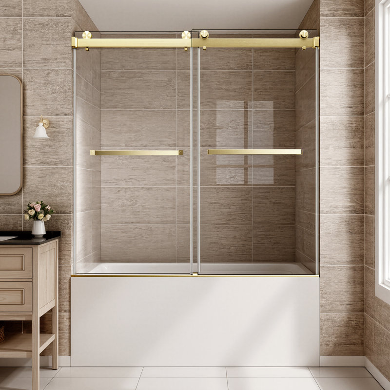 56 - Porte de baignoire coulissante double entièrement sans cadre avec verre trempé de 5/16 po (8 mm) et quincaillerie en acier inoxydable de 56 po x 60 po, doré