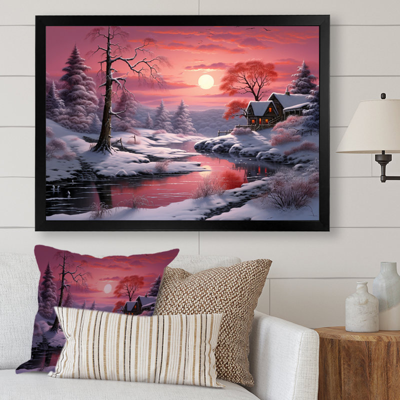 «White Snowy Trees by The River At Red Sunset I», impression sur toile, H 12 po x l 20 po x P 1 po, Cadre photo noir