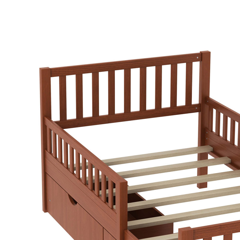 Lit plateforme en bois avec garde-corps des deux côtés et deux tiroirs de rangement, Lit simple