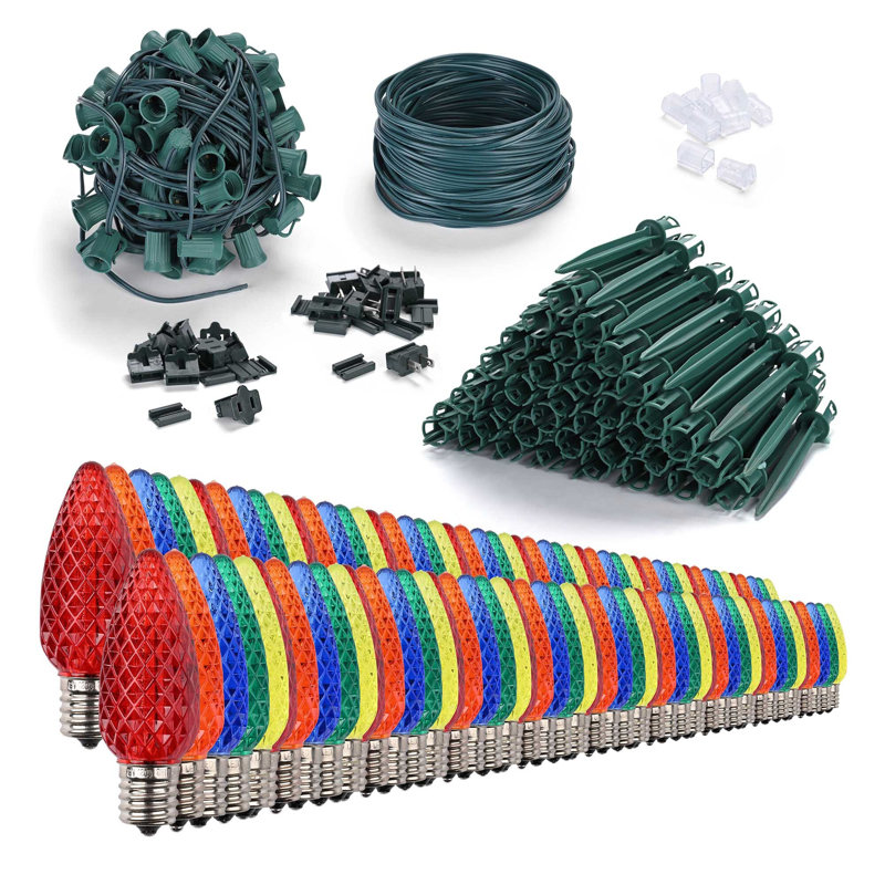  Multicolore 100 lumières de Noël 100 pi C9 100 lumières DEL avec 100 piquets pour éclairage de sentier Connectable bricolage Cuttable Étanche à intensité variable