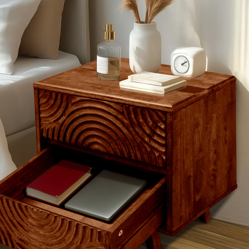 Solid Wood 2-Drawer Nightstand with Carved Front – Mid-Century Modern Bedside Table, Walnut
