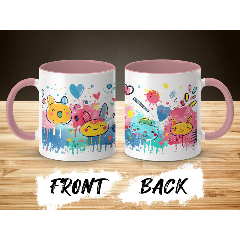 Kids Drawing Style 11oz Accent Mugs – Ceramic Coffee Cup with a Pink Handle and Interior