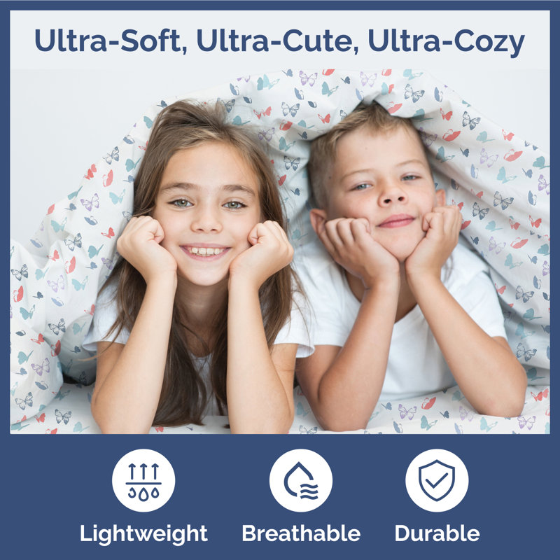 Queen Size Blue and White Butterfly Print Microfiber Sheet Set