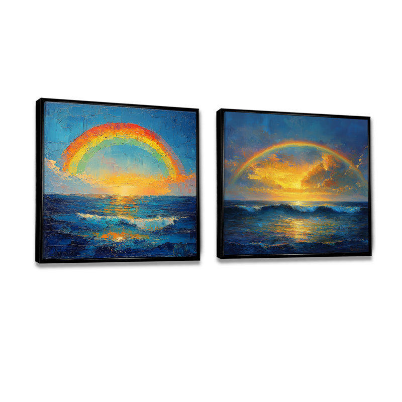 «Rainbow On The Ocean Harmony I» - décoration murale arc-en-ciel - art mural traditionnel 2 pièces, H 30 po x l 61 po, Noir