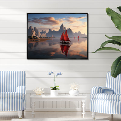 Voilier rouge naviguant dans un coucher de soleil arctique sur toile