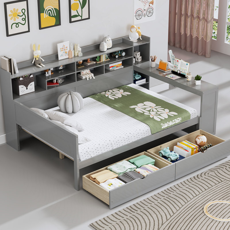 Lit de jour en bois avec tablettes de rangement, lit avec deux tiroirs de rangement, Grey