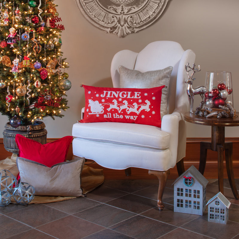 Red Embroidered Christmas Lumbar Pillow Cover with Jingle Bells