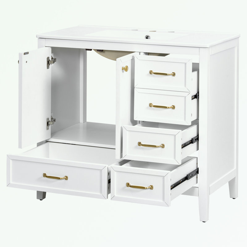 Bathroom Vanity with Ceramic Sink, Soft-Closing Door and 4 Drawers, White