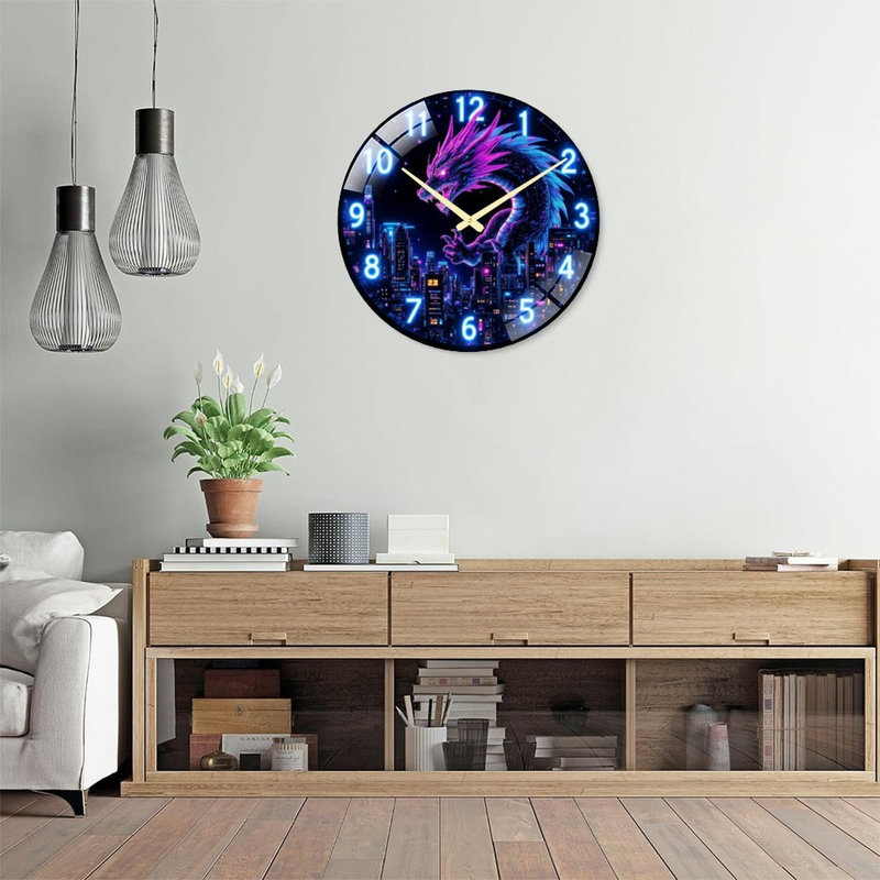 Neon Dragon Clock Art - 24‘’ Modern Glass Wall Clock