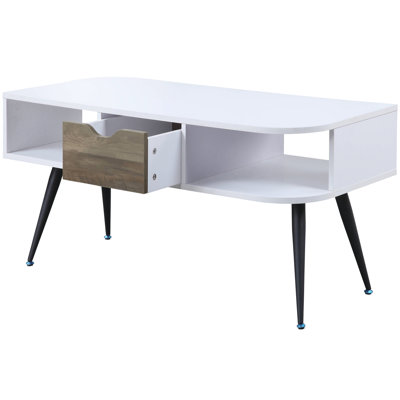 Élégante table basse blanche et noire avec tiroir de rangement et espaces ouverts