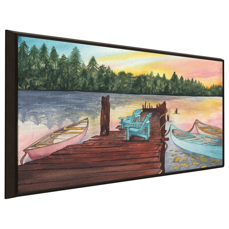 «Lake Sunsets», reproduction de peinture à l'aquarelle, H 39,5 po x l 63,5 po x P 2 po, Cadre flottant espresso