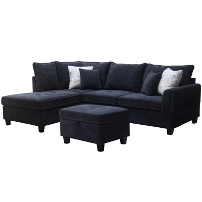 Canapé modulaire en tissu noir avec méridienne gauche et rangement spacieux et confortable pour le salon