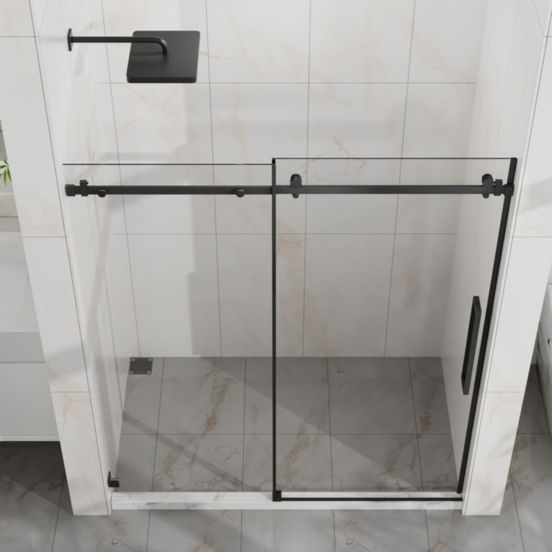 Porte de douche coulissante, porte de douche en verre lisse sans cadre, verre trempé transparent de 1/4 po (6 mm) d'épaisseur avec revêtement facile à nettoyer, quincaillerie en acier inoxydable