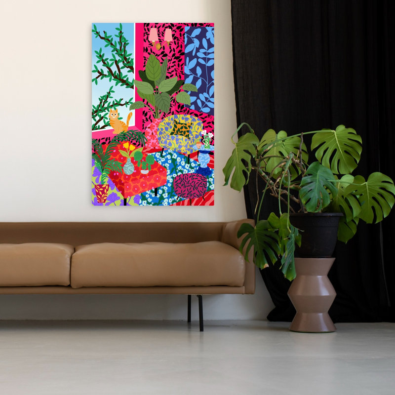 Chat, fleur, salon, art mural contemporain, H 48 po x l 32 po