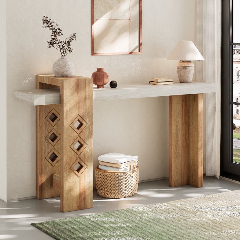 63-Inch Modern Decorative Console Table, Long Wood Entryway Sofa Table, Geometric Cutout Design, Sand-Washed and Natural Oak