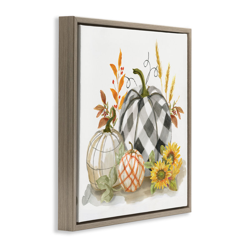 "Fall", patchwork à motifs de citrouilles et de fleurs encadrées par Nan, H 18 po x l 18 po, Cadre flottant orme Montalcino
