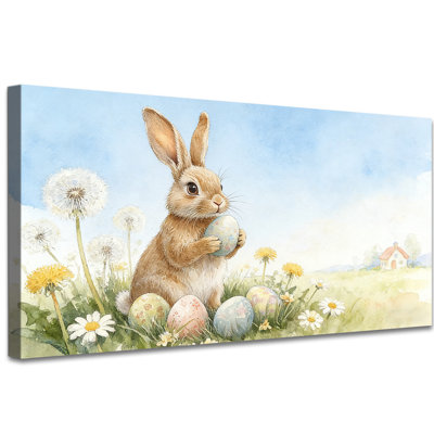 Lapin de Pâques, reproduction d'art sur toile, lapin mignon et œufs au printemps, impression d'aquarelle