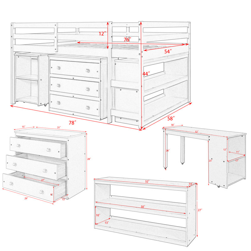 Englas Kids Full Loft Bed with Drawers, Espresso