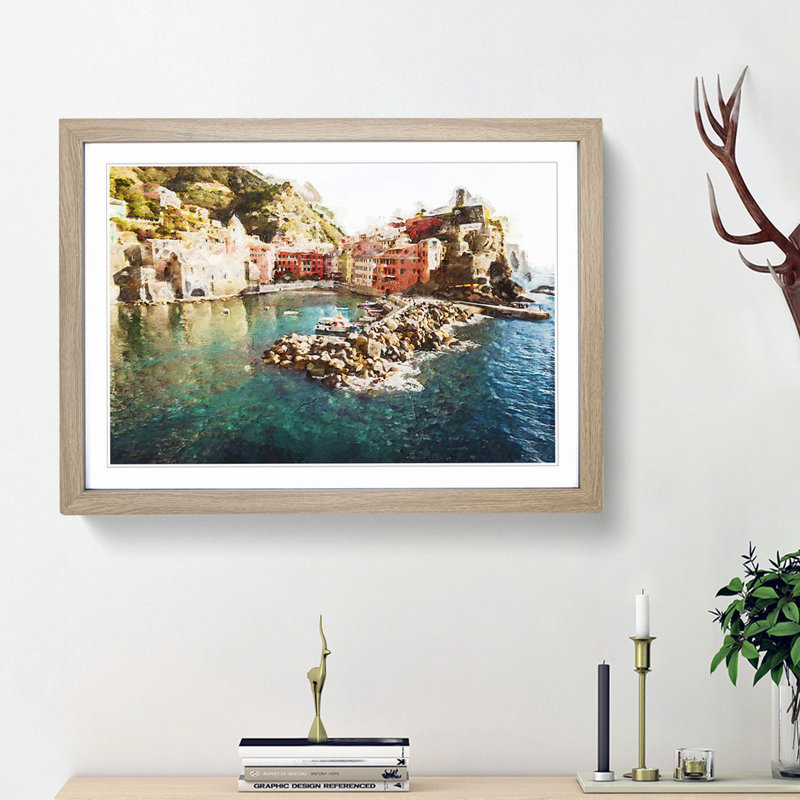 Boats in Vernazza Italy in Abstract - Picture Frame Graphic Art Print, Oak Framed, 48cm H x 65cm W x 2cm D
