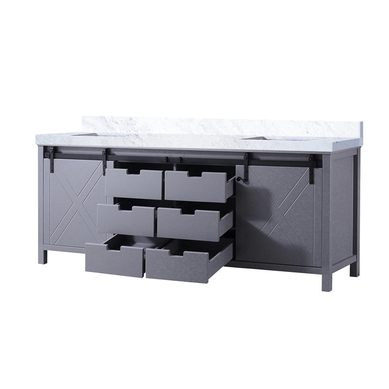 Meuble-lavabo double gris foncé l 84 po x P 22 po. Cadre en bois massif. Fermeture en douceur. Deux armoires, six tiroirs et une tablette ouverte. Grattage. Pré-percé pour 8 po Robinet réparti 84 avec