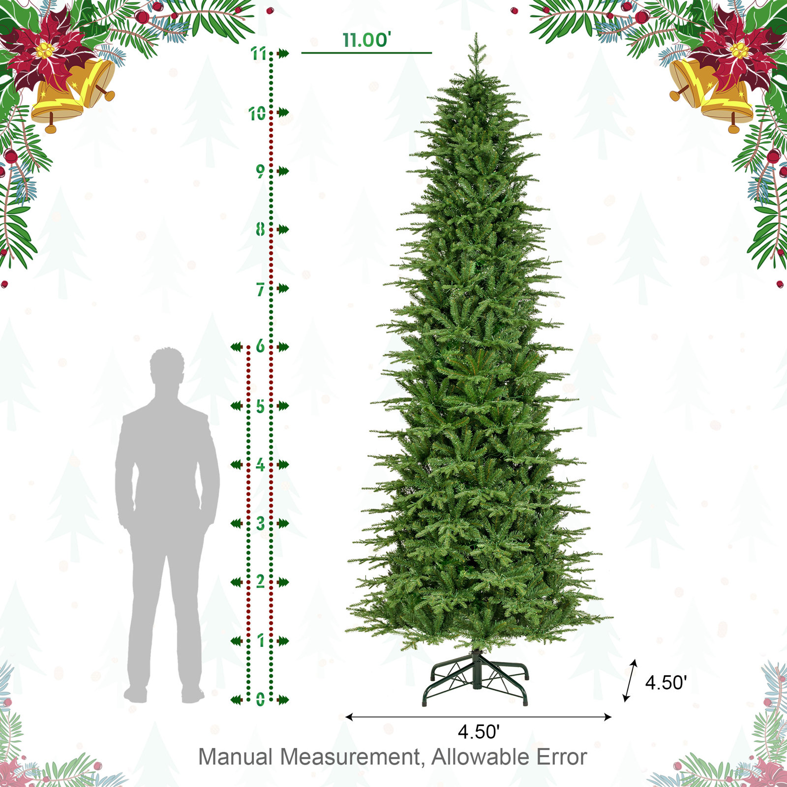 Pre-Lit Green Slim Fir Artificial Christmas Tree – Warm White & Multi-Color Chasing & Twinkling Lights, Functions with Foot Pedal & Remote, Simple Setup