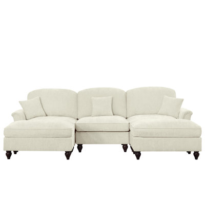 Classic Comfy Modular U Shape Sectional Sofa Couch With Flared Arms And Removable Ruffles Pleats Skirts And Spindle Legs, Upholstered Chenille Deep Seat Cloud Sofa With Movable Ottomans, Beige White
