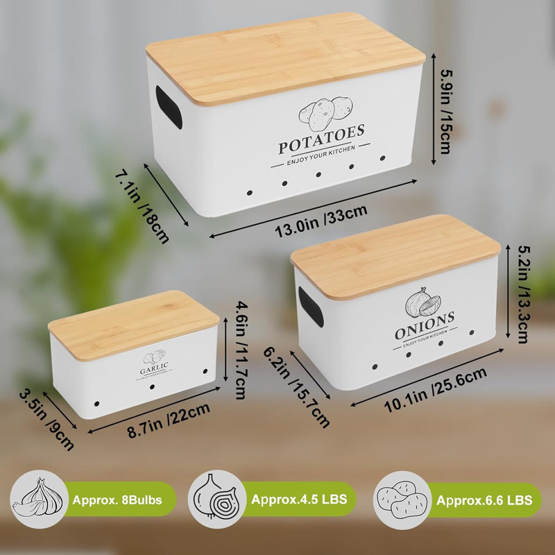 Kitchen Vegetable Storage Set of 3,White, White
