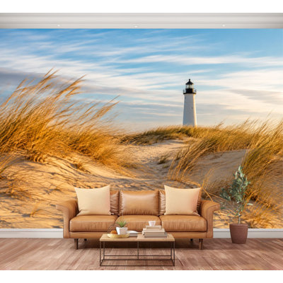 Wall Mural Peel and Stick Coastal Lighthouse Amidst Dunes Golden Grasses Sunset Large Wallpaper Self-Adhesive Removable Contact Paper Wall Decor for Living Room Bedroom Nursery 100"H x 144"W