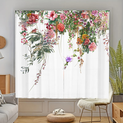 2Pcs Beautiful Floral Garden Window Curtains Botanical Print Panel Drapes Rod Pocket Hanging Elegant Flower Design Curtain for Living Room Bedroom Kitchen Home Decor