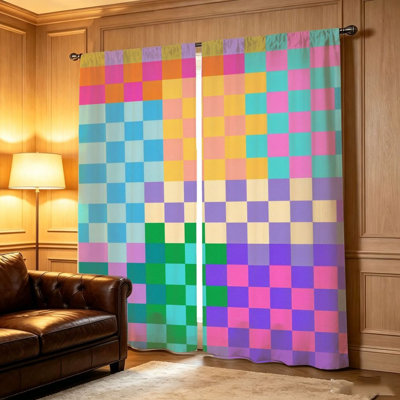 Rideaux en damier rétro 2 pièces, motif géométrique vibrant, filtrage de la lumière et protection de la vie privée, conception à passe-tringle, pour le salon, la chambre à coucher, le balcon et la cuisine