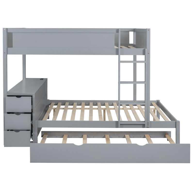 Lit superposé avec finition grise, lit gigogne simple et rangement de bureau, prises pour lit gigogne pratique, tiroirs cachés