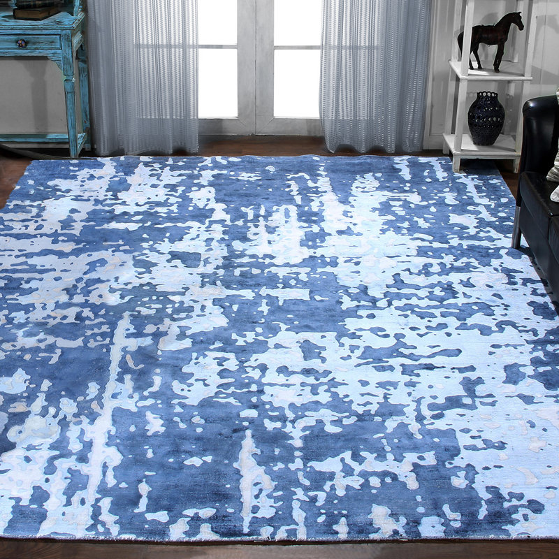 Tapis bleu bouclé fait à la main, Rectangle de 8 pi x 10 pi
