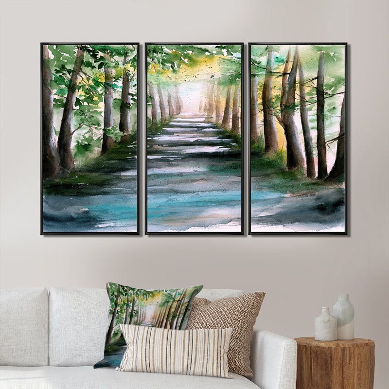 «A Sunlit Forest Alley with Tree Shadows», reproduction sur toile flottante 3 pièces, Cadre noir, H 28 po x l 36 po x P 1 po
