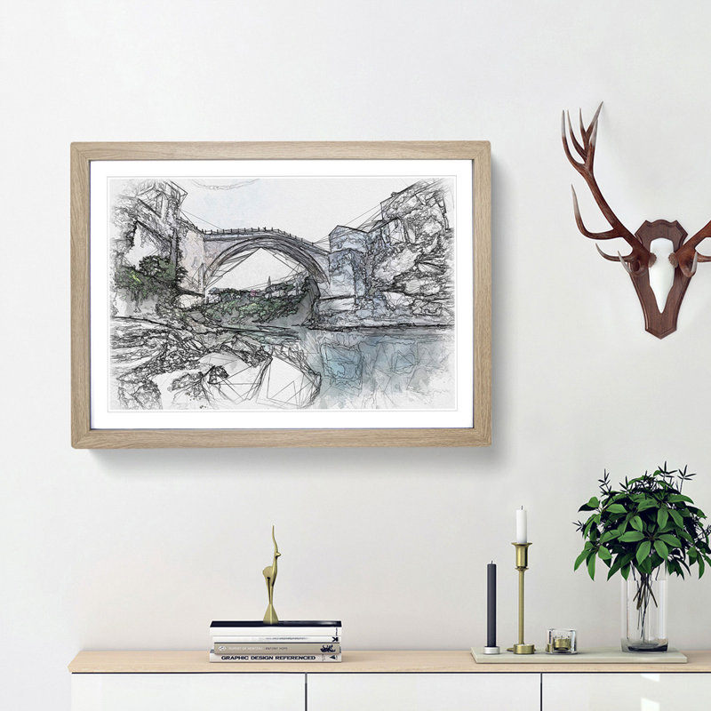 Stari Most Old Bridge Sketch - Picture Frame Graphic Art Print, 36cm H x 48cm W x 2cm D, Oak Framed