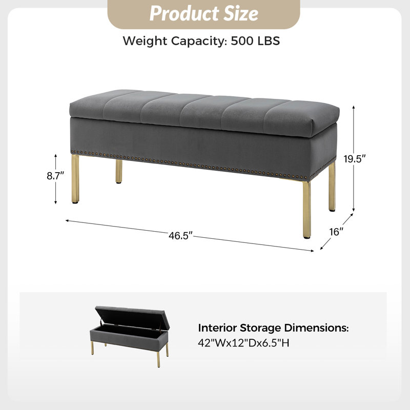 Banc de rangement moderne en velours de 46,5 po Berry, gris