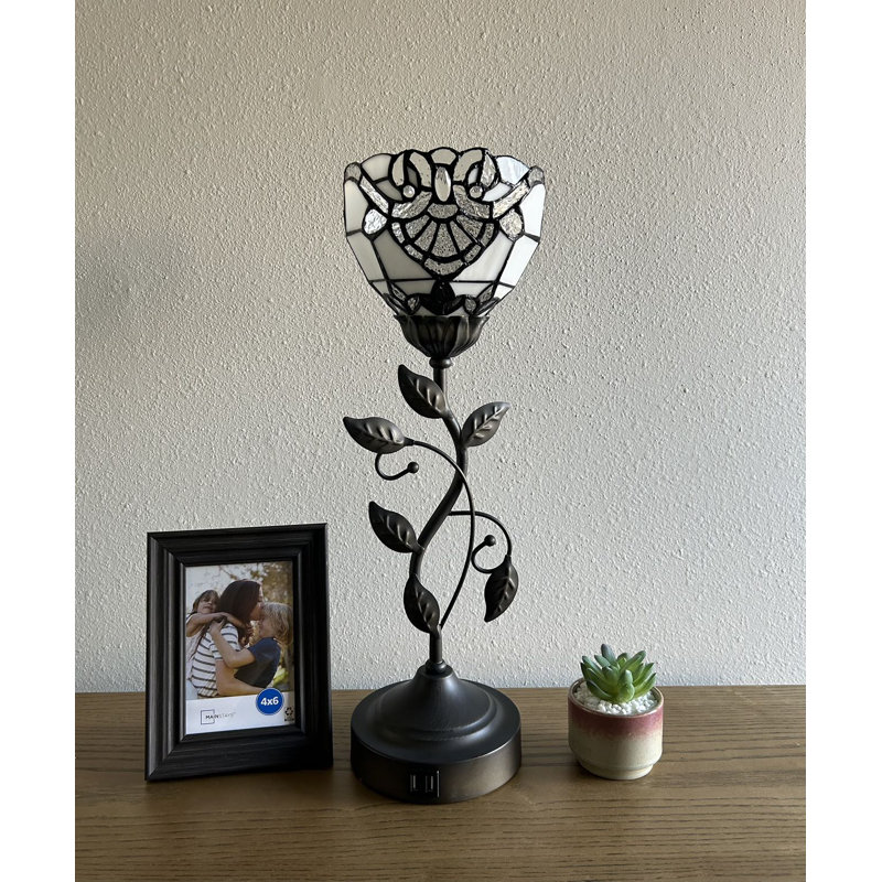 Simonetti Tiffany Torch Table Lamp Stained Glass Baroque Style USB Ports LED Bulb 6"W*6"D*20"H, White