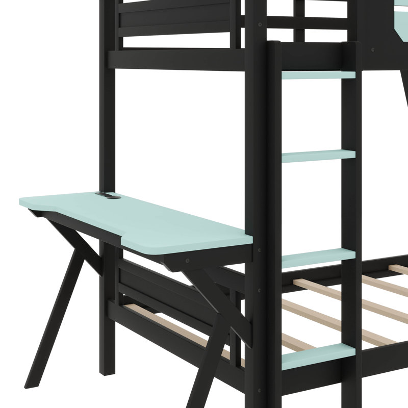 Lit superposé simple avec deux bureaux de jeu intégrés et ports USB, cadre de lit superposé en bois avec rangement en panneau perforé, barrière de sécurité et échelle