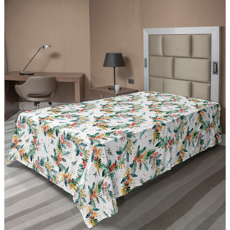 Drap plat moderne de style bohème Ambesonne, Bleu sarcelle / corail / motif floral moutarde, Drap plat pour lit simple