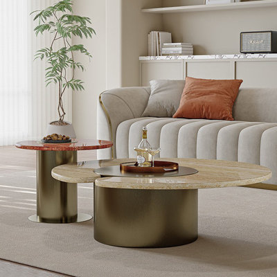 Ensemble de tables basses rondes en marbre blanc et rouge avec acier inoxydable