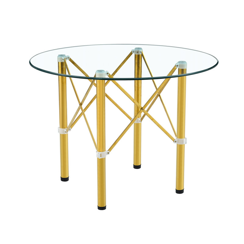 Elegant Transparent Round Glass Table -36 Inch Diameter Transparent Round Tempered Glass With Golden Metal Legs. Telescopic Metal Legs,Transparent Circular Glass Tabletop, Suction Cup Connection.