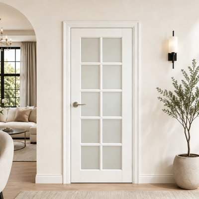 Interior Door Slab with Frame - 10 Lite Frosted Glass White MDF Door, Prehung-Style Door Kit with Pre-installed Hinges, Locking Silver Handle Included, No Pre-drilled Holes