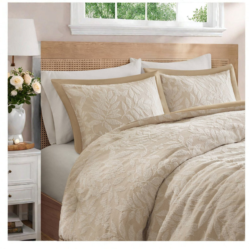 Ensemble de literie pour grand lit, jacquard botanique en mélange de coton, beige
