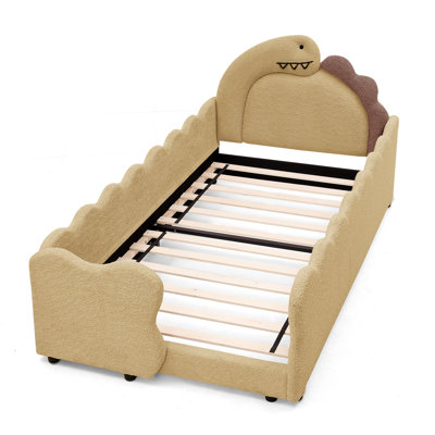 Twin Size Cute Dinosaur-Shaped Kids Bed with Safety Guardraild, Solid Wood Toddler Bed Frame for Children for Bedroom, Boucle Fabric